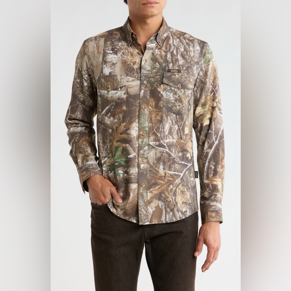 NWT Von Dutch Camo Print Long Sleeve Shirt Medium Brown White Casual Button Up